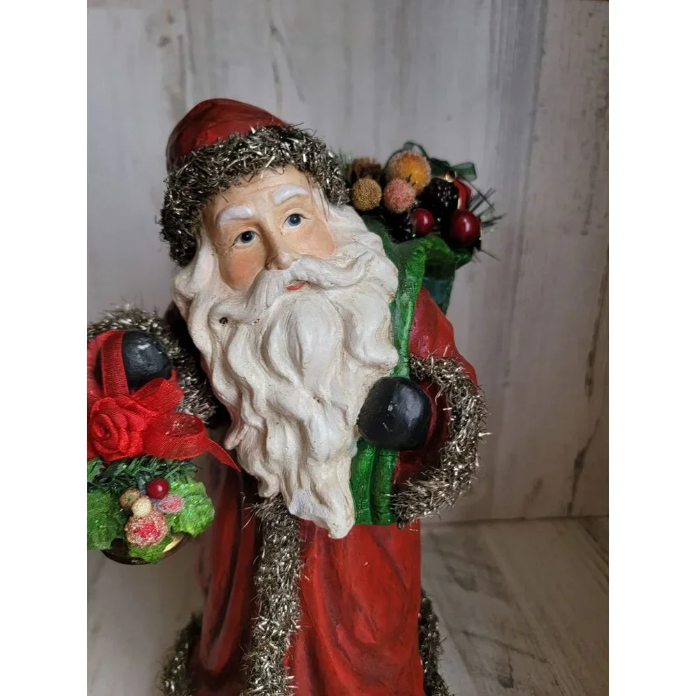 Vintage‎ santa claus tinsel robe basket xmas decor Woodland sack toy